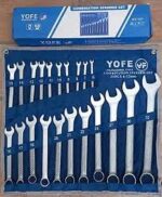 ست آچار یکسر ۲۱ پارچه YOFE باز شده روی کیف پارچهای آبی
