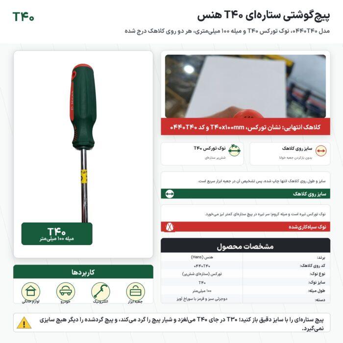 پیچ گوشتی ستارهای T40 هنس مدل 0440T40 با میلهٔ ۱۰۰ میلیمتر پیچ گوشتی ستارهای T40 هنس مدل 0440T40 با میلهٔ ۱۰۰ میلیمتر
