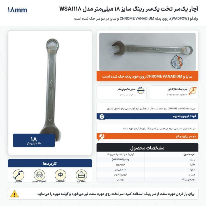 اینفوگرافیک آچار یکسر تخت یکسر رینگ وادفو سایز ۱۸ میلیمتر مدل WSA1118 اینفوگرافیک آچار یکسر تخت یکسر رینگ وادفو سایز ۱۸ میلیمتر مدل WSA1118