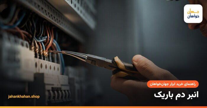 انبر دم باریک در حال گرفتن سیم داخل تابلو برق